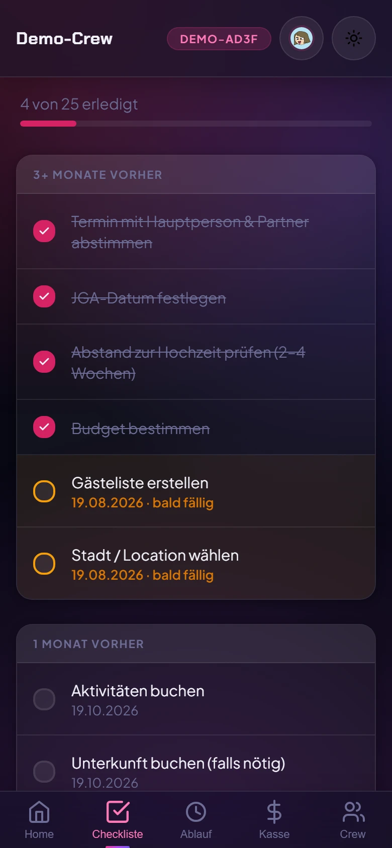 Checkliste mit Fälligkeiten