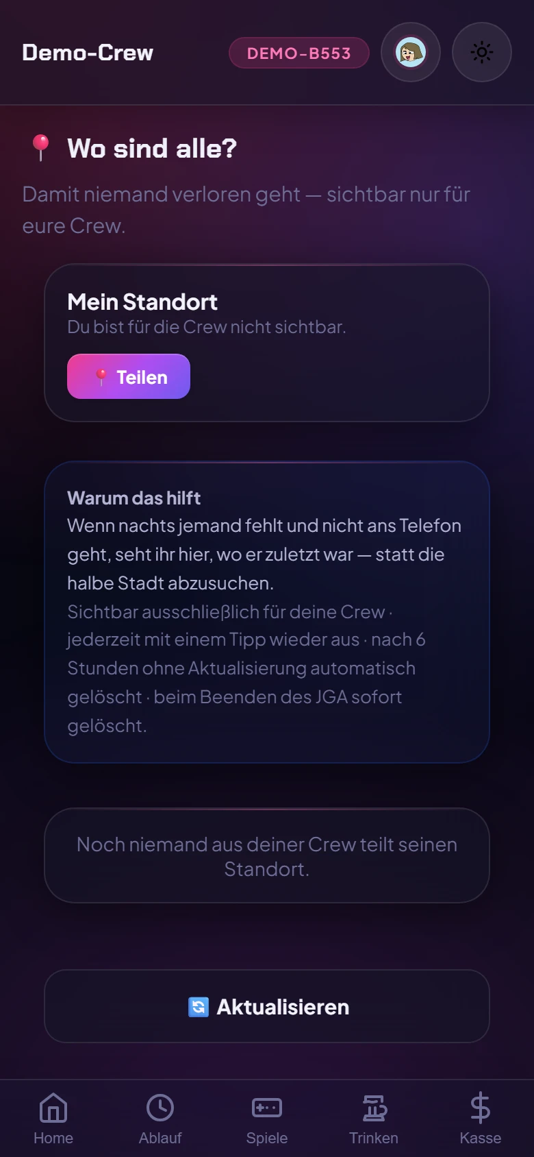Wo ist die Crew gerade