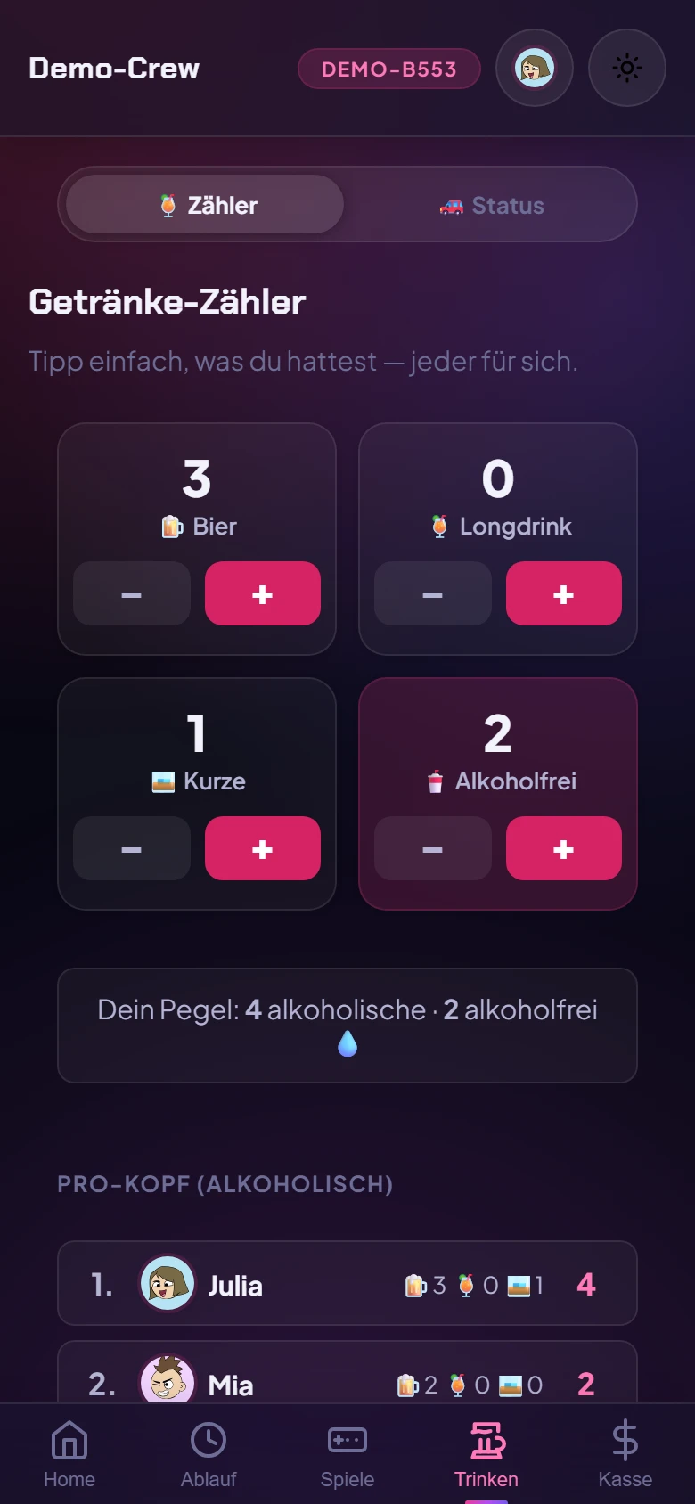 Getränke-Zähler mit Rangliste in der JGA Revolution App
