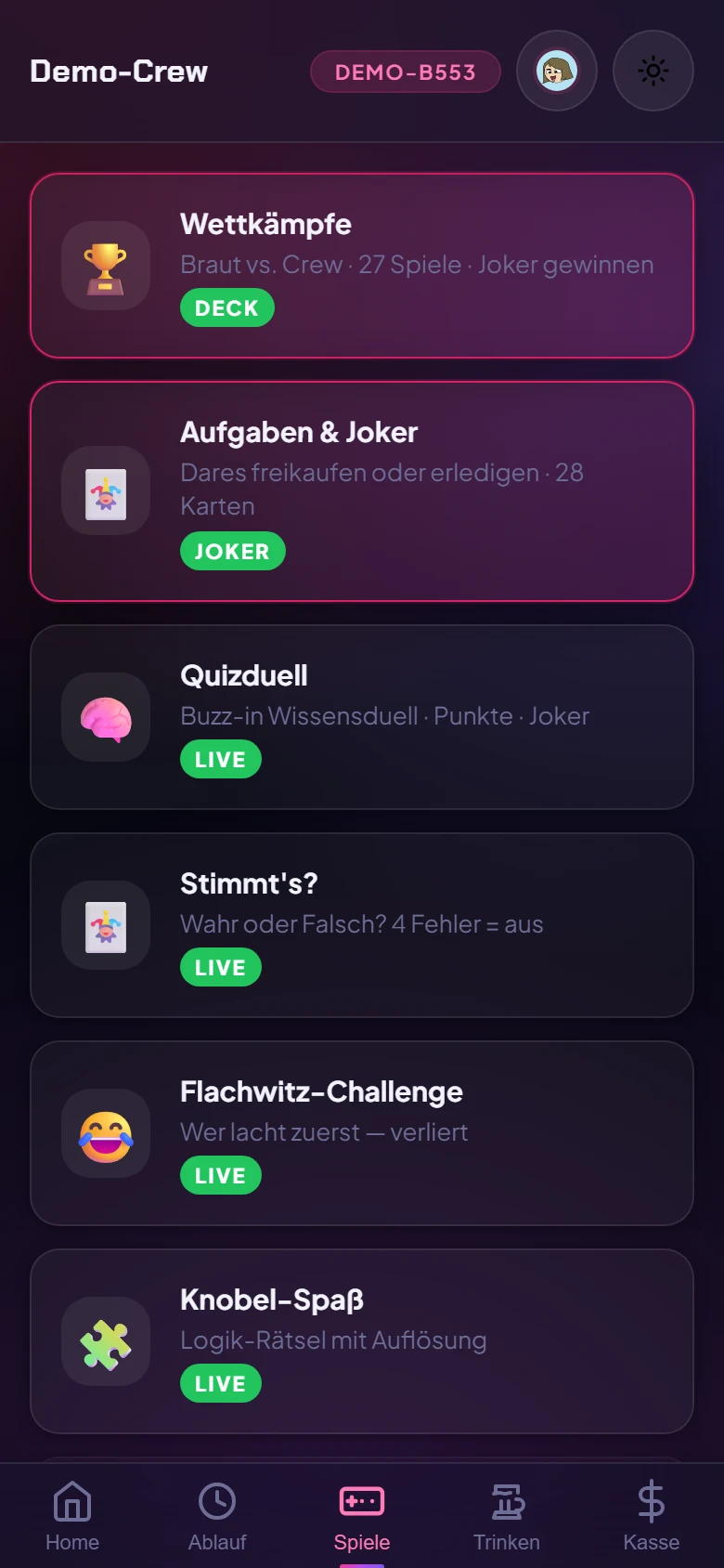 Alle Spiele auf einen Blick in der JGA Revolution App
