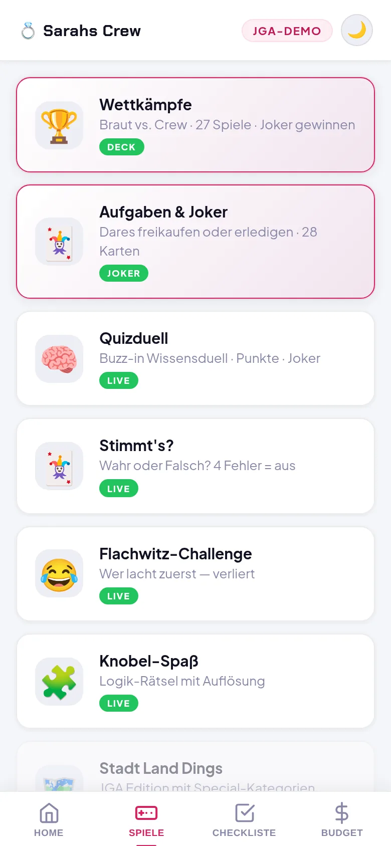 Spiele-Übersicht in der JGA Revolution App (Team Braut)