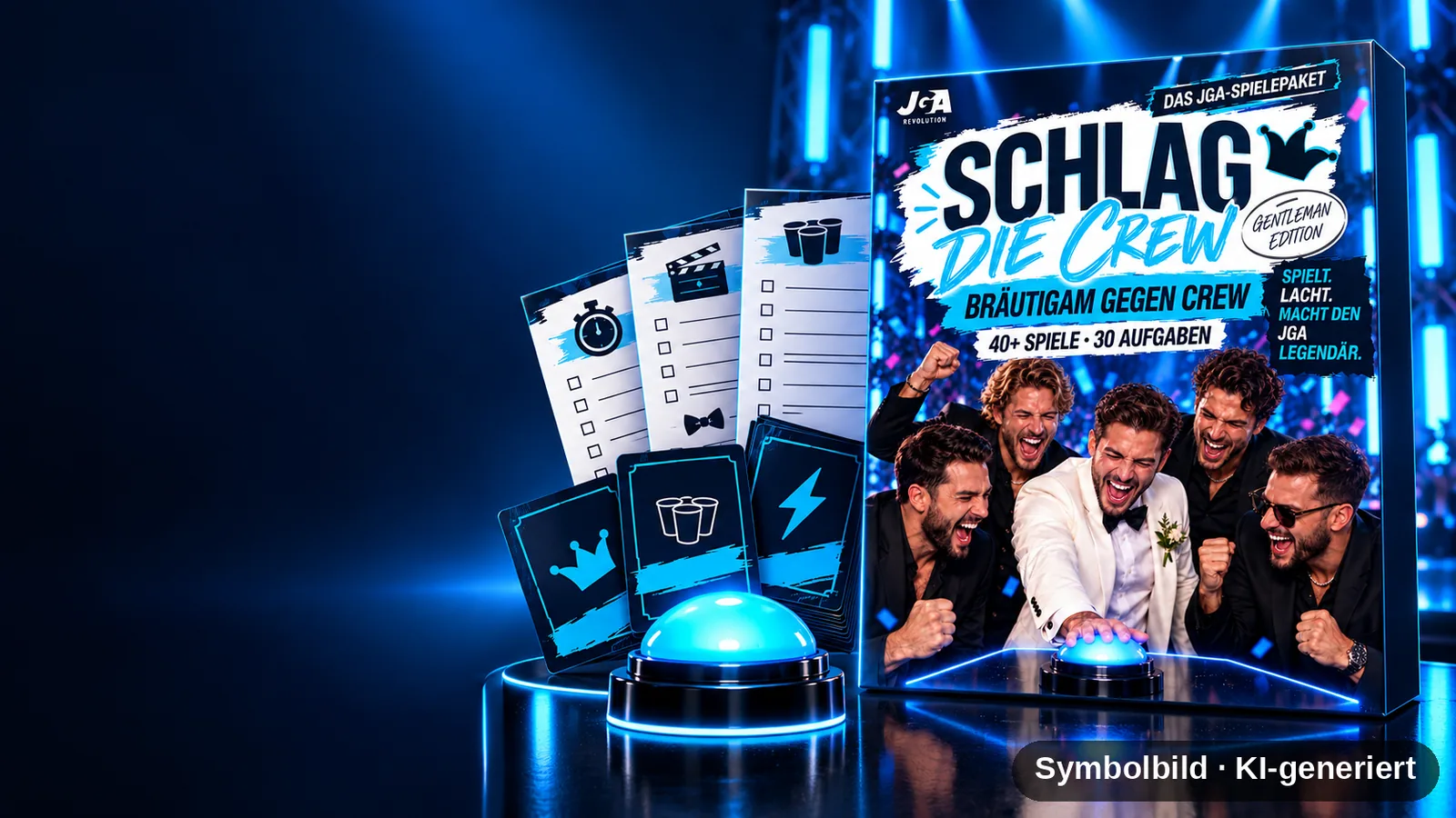 „Schlag die Crew“ Gentleman Edition – Spielkarton, Aufgabenkarten und Buzzer